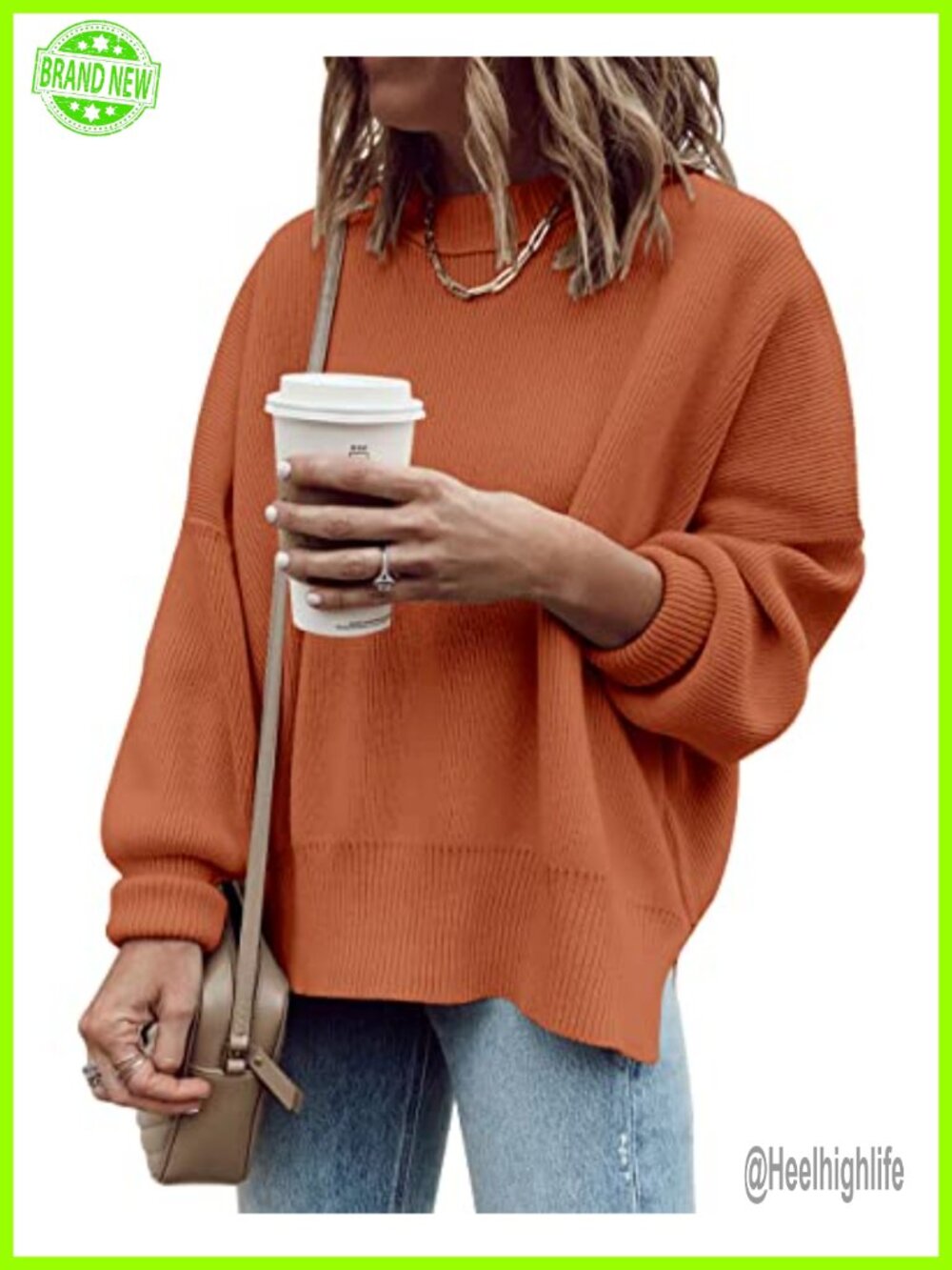 Oversized Tunic Sweater Loose Fit Ribbed Side Slit Crewneck Pullover